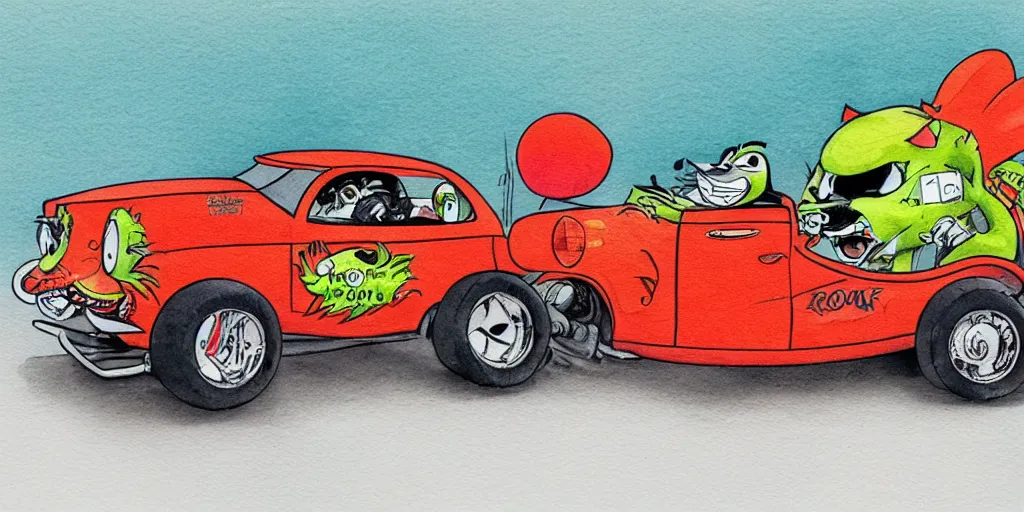 Image similar to racoon riding in a tiny hot rod coupe with oversized engine, ratfink style by ed roth, centered award winning watercolor pen illustration, by chihiro iwasaki, edited by range murata