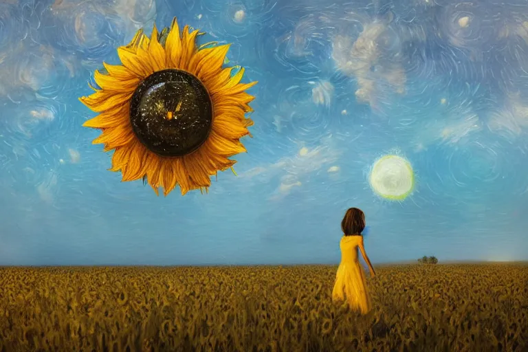 Image similar to huge sunflower head, girl walking in wheat field, hills, surreal photography, dark night, star trails, dramatic light, impressionist painting, clouds, digital painting, artstation, simon stalenhag