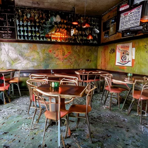 Prompt: a hyper realistic 1980 restaurant abandoned