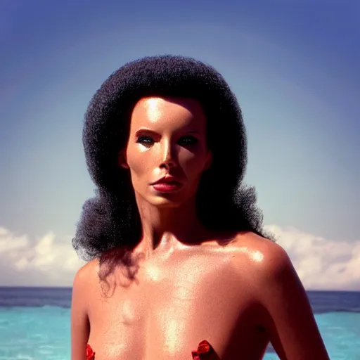 Image similar to a portrait of an sttng star trek klingon on holiday at risa, swimsuit, supermodel, model, star trek, photography, instagram, holiday, beach, high quality, sharp, cait miers, michael hoppen, qapla