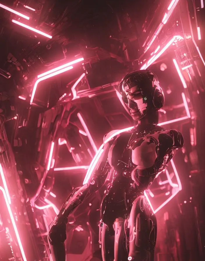 Image similar to full body portrait photo of japanese model cyborg with digital led skin, neon lighting, techno neon projector background, portrait photo, intricate details, ultra realistic, unreal engine 5, depth of field, bokeh, octane render, tron, irobot, bladerunner 8 k hd