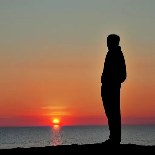 Image similar to a silhouette of a man staring at a sunrise,