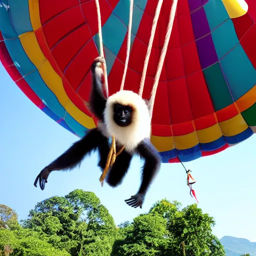 Prompt: gibbon hanging upside down from rope attached to hot - air balloon, smiling at camera, exaggerated perspective