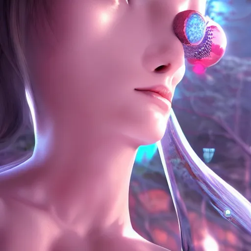 Image similar to caress of the sweet flirty gynoid offering herself, octane, cgi, highly detailed, photorealistic,