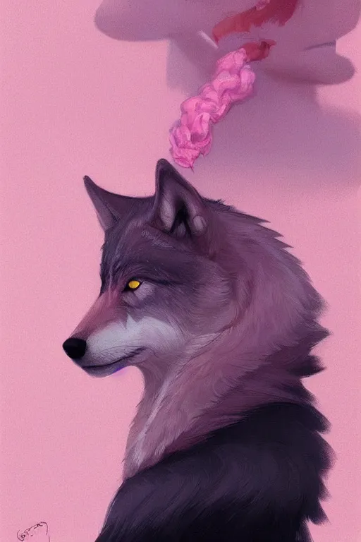 Image similar to portrait of realistic wolf wearing pink shirt, smoking cigarette, digital painting, artstation, concept art, smooth, sharp focus, illustration, art by artgerm, james jean, jean giraud, edward hopper, gaston bussiere and greg rutkowski