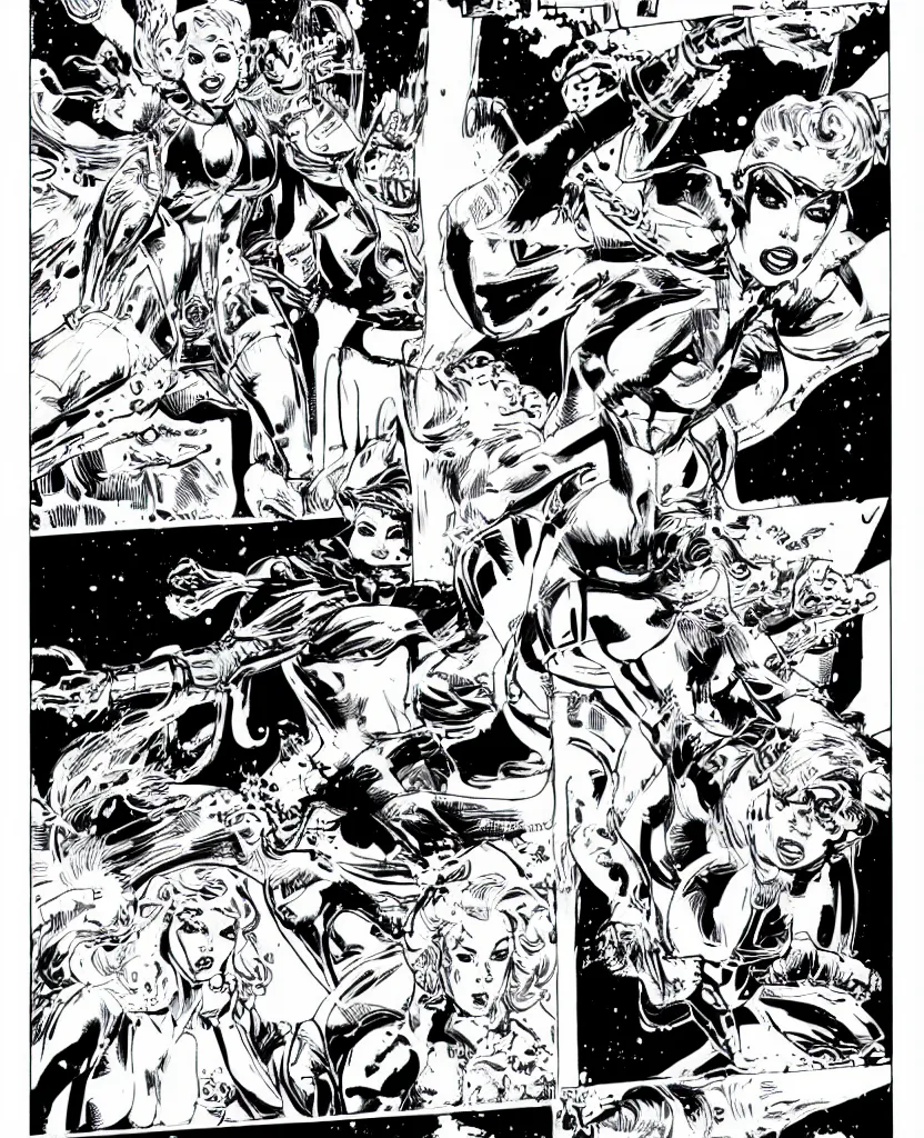 Image similar to comic page, one panel, kylie minogue as barbarella, piloting her starship. retro control panel. drawn by pablo marcos. b & w. black and white.