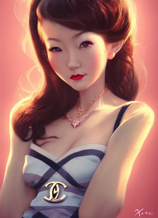 Image similar to a pin up and beautiful fashion dreamlke japan girl with lv jewelry, character art, art by artgerm, wlop, loish, hyperdetailed, 8 k realistic, symmetrical, global illumination, radiant light, frostbite 3 engine, cryengine, dof, trending on artstation, digital art, chanel, dior, detailed background