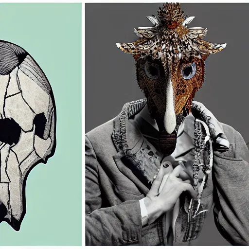 Image similar to by cecil beaton pixel art highly detailed. a collage of a man, with an animal skull for a head, & a large bird perched on his shoulder. the man is looking up at the bird with a fierce expression, & the bird is looking back at him with an equally intense gaze.