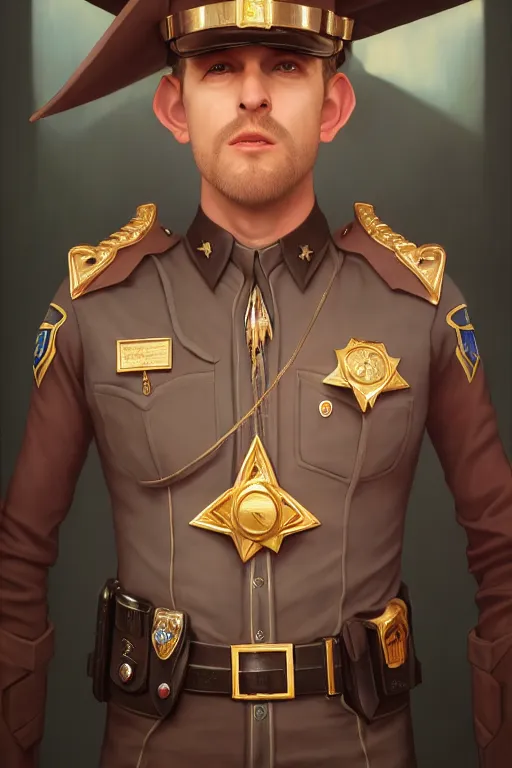 Prompt: a shifty high elf mall cop with a sheriff's badge, Oil Painting, hyperrealistic, octane render, Detailed Digital Art, RPG portrait, 3/4 bust, William-Adolphe Bouguereau, Michael Cheval, dynamic lighting, Highly Detailed, Cinematic Lighting, 8k, HD