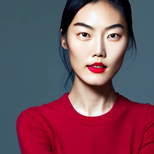 Prompt: close up photo portrait Liu Wen, beautiful face, no body, photoshoot, real-life skin, skin care, light makeup, faint red lips, slicked back hair, diffuse lighting,