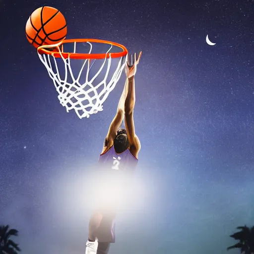 Image similar to a basketball player dunking the moon at night as if it were the ball