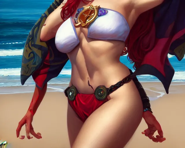 Image similar to photography of harley quinn in bikini at the beach, deep focus, d & d and mtg, fantasy, intricate, elegant, highly detailed, digital painting, artstation, concept art, matte, sharp focus, illustration, hearthstone, art by artgerm and greg rutkowski and alphonse mucha