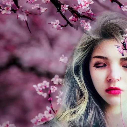 Image similar to double exposure photo of a face of a woman and cherry blossoms, award-winning photograph, 8k UHD