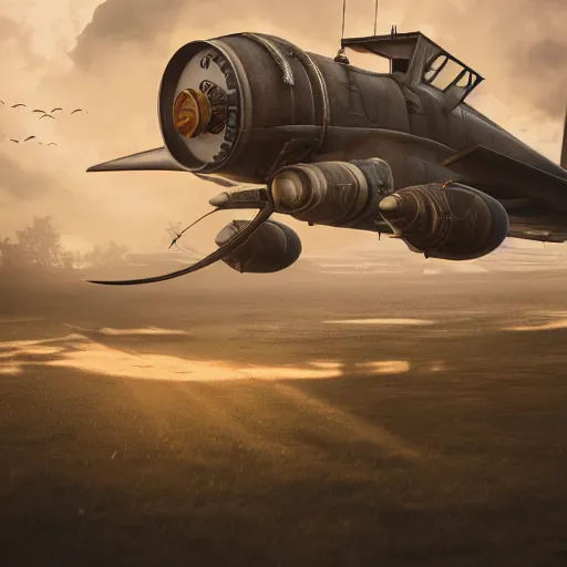 Image similar to steampunk airplane supperrealistic, artstation, fantasy, 4k, octane render, cinematic lighting, anamorphic lens flare, post processing, concept art