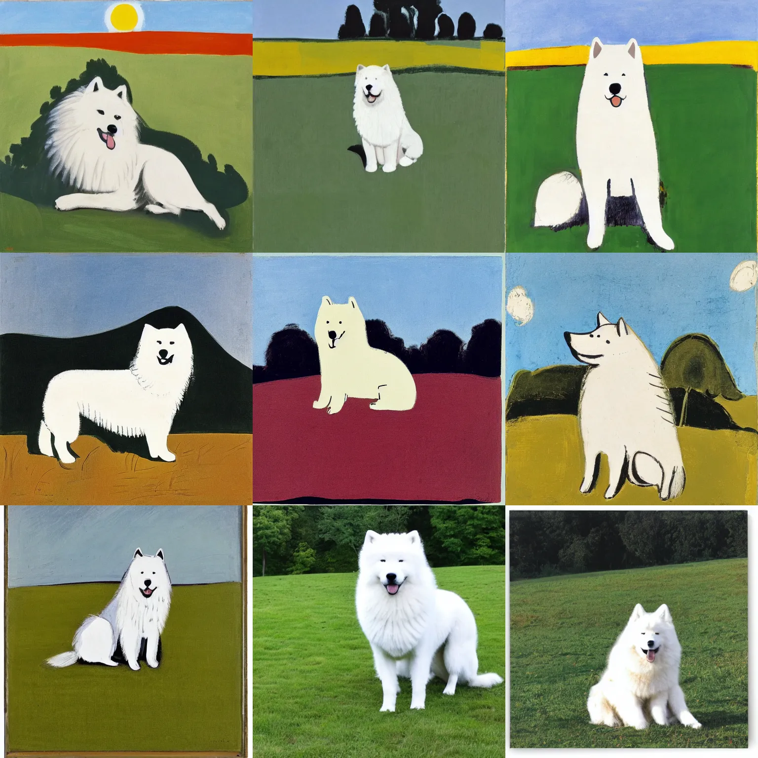 Prompt: a samoyed dog sitting in the middle of sunny meadow, by robert motherwell