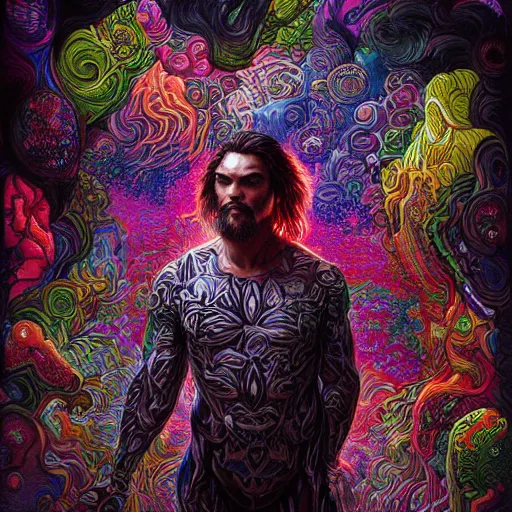 Image similar to portrait of jason momoa, hyper detailed masterpiece, neon floral pattern, jean giraud, digital art painting, darkwave goth aesthetic, psychedelic, artgerm, donato giancola and tom bagshaw