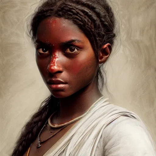 Image similar to artstation concept of a beautiful girl holding a saber, brown skin, sweaty skin, symmetrical face, casual white garment, white desert background, shiny colorful, hyperdetailed, artstation trending, world renowned artists, worth1000.com, historic artworks society, antique renewal, cgsociety, by greg rutkowski, by Gustave Doré, Deviantart