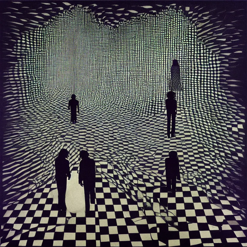 Prompt: two people standing on top of a checkered floor, an album cover by syd barrett, tumblr, neo - expressionism, darksynth, nightmare, cosmic horror