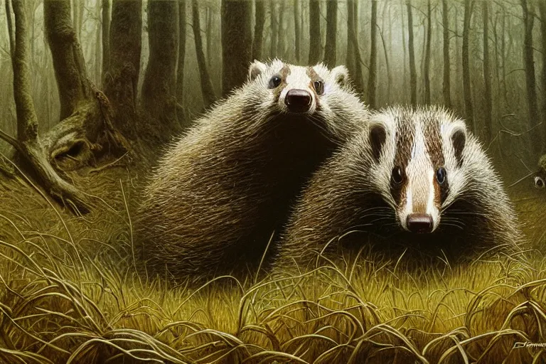 Image similar to photo, badgers having a fight, woodland location, stefan kostic and david cronenberg, realistic, sharp focus, 8 k high definition, intricate, chiaroscuro, elegant, perfect faces, symmetrical face, extremely detailed, hypnotic eyes, realistic, fantasy art, masterpiece zdzislaw beksinski, artgerm