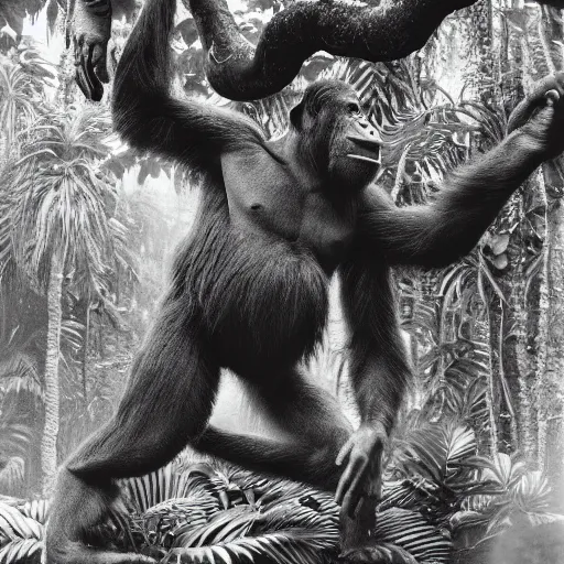 Prompt: photo of an intricate jungle scene showing a creature that has the body of an ape with six arms, covered in feathers. extreme detail, hyperrealistic photo, gloomy