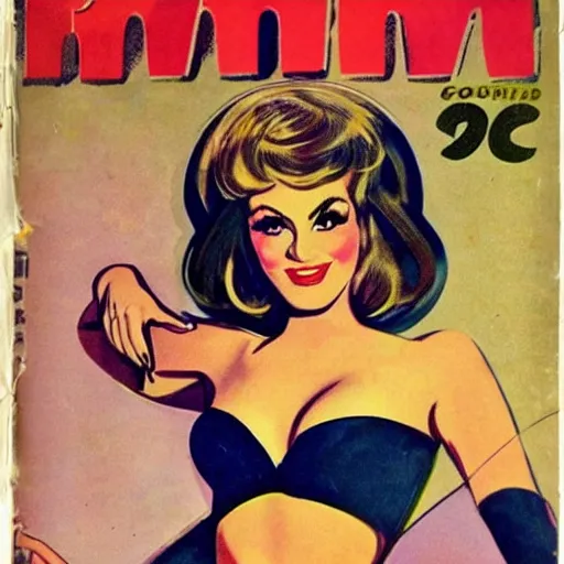 Image similar to 1960s pulp book cover featuring a pinup of a stunningly beautiful woman