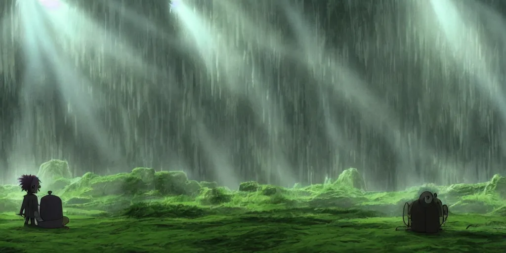 Image similar to a cell - shaded cartoon movie still from howl's moving castle ( 2 0 0 4 ) of a zombies in a flooded rainforest valley. stonehenge is seen in the background with shafts of sunlight from above. wide shot, very dull muted colors, hd, 4 k, hq