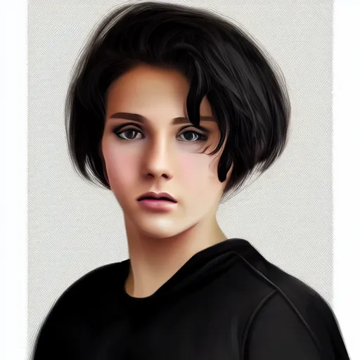 Prompt: a digital portrait of a 15 year old with black hair,hazel green eyes, drawn in the style of mark Arian