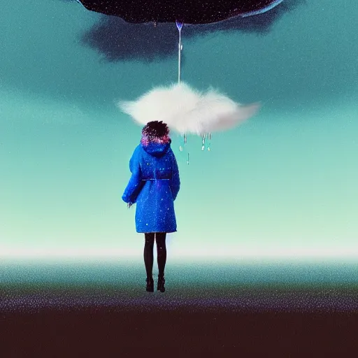 Image similar to many giant droplets of water floating around a flying girl with wings, sky blue straight hair, low - angle shot from behind, blue coat, fur scarf, ultra fine detail, dark theme, realistic painting, photography, psychedelic, film still, cinematic, wlop, ilya kuvshinov, ismail inceoglu,