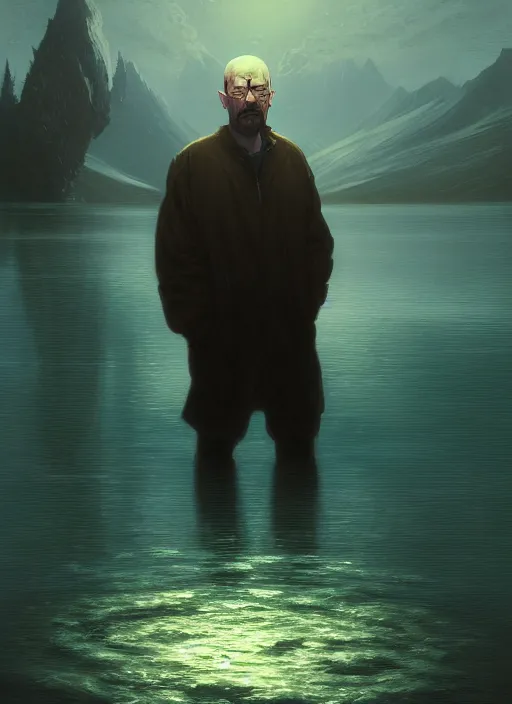 Prompt: portrait of walter white in a magical lake, half submerged in water, highly detailed, digital painting, artstation, night scene with moutains with glowing sprites, wlop concept art, smooth, sharp focus, illustration, art by dreadjim, craig mullins and greg rutkowski, 8 k