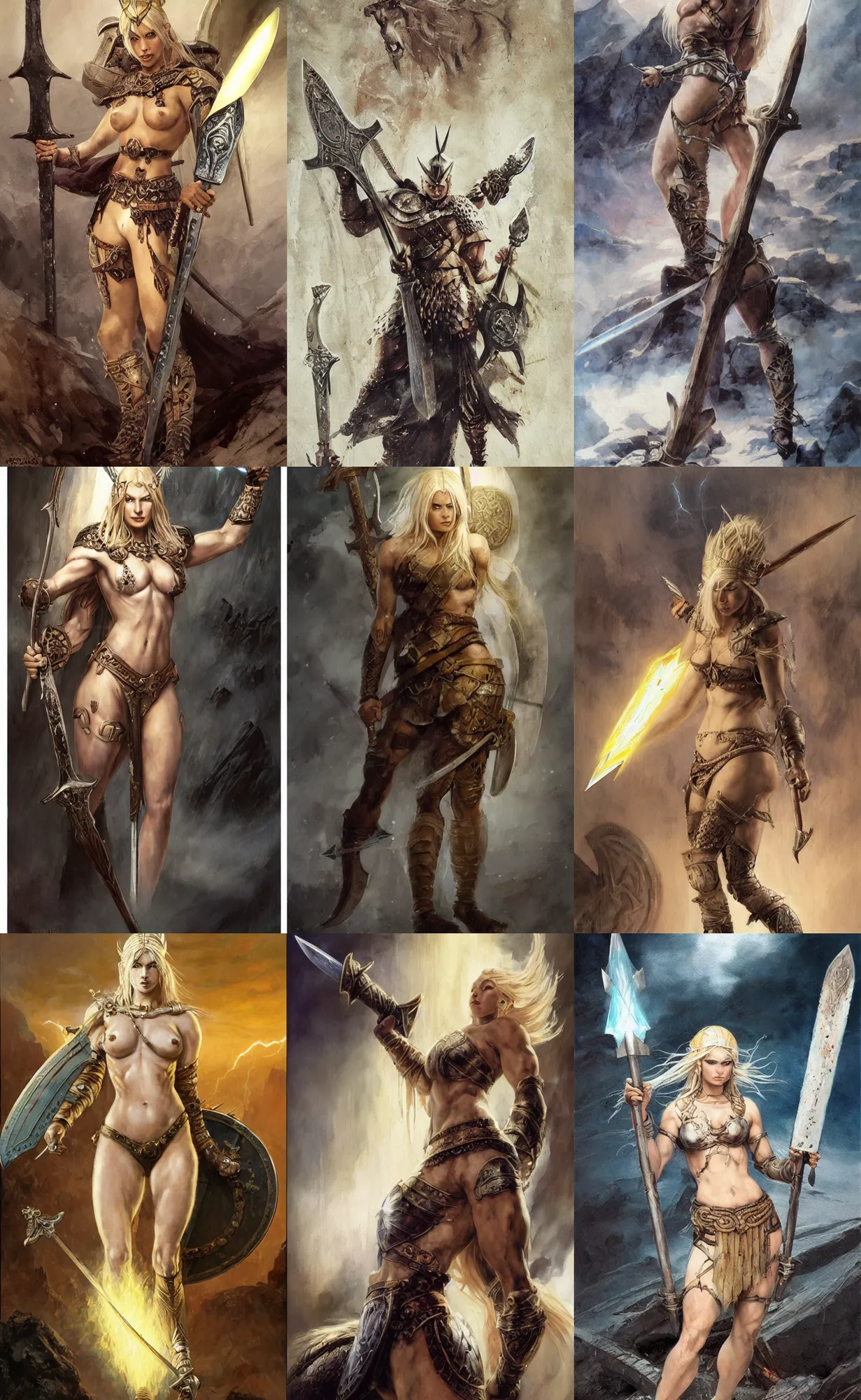 Image similar to A mixed media painting of the beautiful blonde viking goddess of war with a lightning sword, very aesthetic, detailed face, by Frank Frazetta, Greg Rutkowski, Boris Vallejo, Beeple, Christian MacNevin, epic fantasy character art, goddess of anger, viking runes, high fantasy, CGsociety, full length, exquisite detail, post-processing, low angle, masterpiece, cinematic, odin's stone arena background