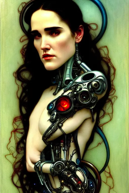 Image similar to young and beautiful evil cyborg jennifer connelly by future steichen in the style of tom bagshaw, alphonse mucha, gaston bussiere, cyberpunk. anatomically correct elegant cybernetic body mods. extremely lush detail. masterpiece. melancholic scene infected by night. perfect composition and lighting. sharp focus. high contrast lush surrealistic photorealism. sultry evil plan.