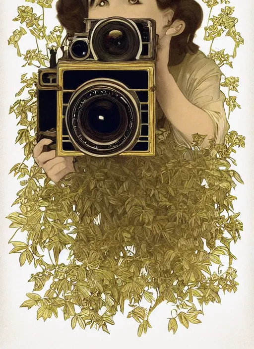 Prompt: photographer looking through a vintage camera, design on white background, beautiful details, lush foliage, gold, drawn by john singer sargent, studio ghibli, alphonso mucha, lolish, trending on artstation