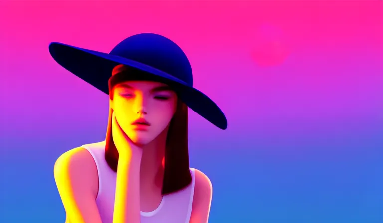 Image similar to a beautiful and immaculate teenager with a hat. vaporwave ombre rendering. outrun style. trending on artstation. recommended for you behance. by chris moore. by edward hopper. beeple colors. metropolis filmic. gotham city.