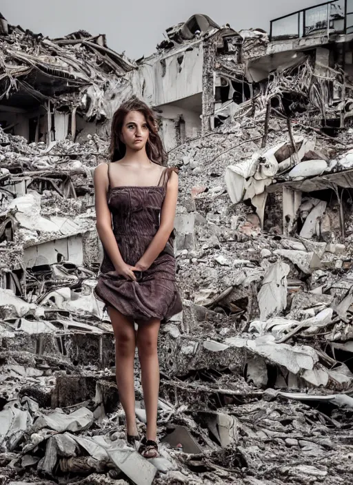 Image similar to award winning photograph miof a dressed young woman amongst rubble, sad face, dirt, dreamlike, low contrast, beatiful composition, 4k