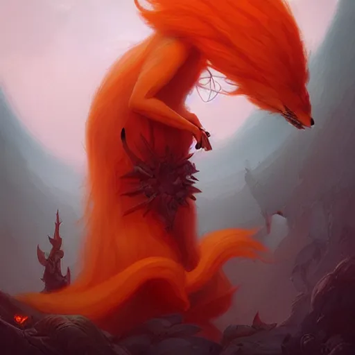 Image similar to prompt A beautiful red orange fluffy kumiho, concept art, matte painting, by Peter Mohrbacher