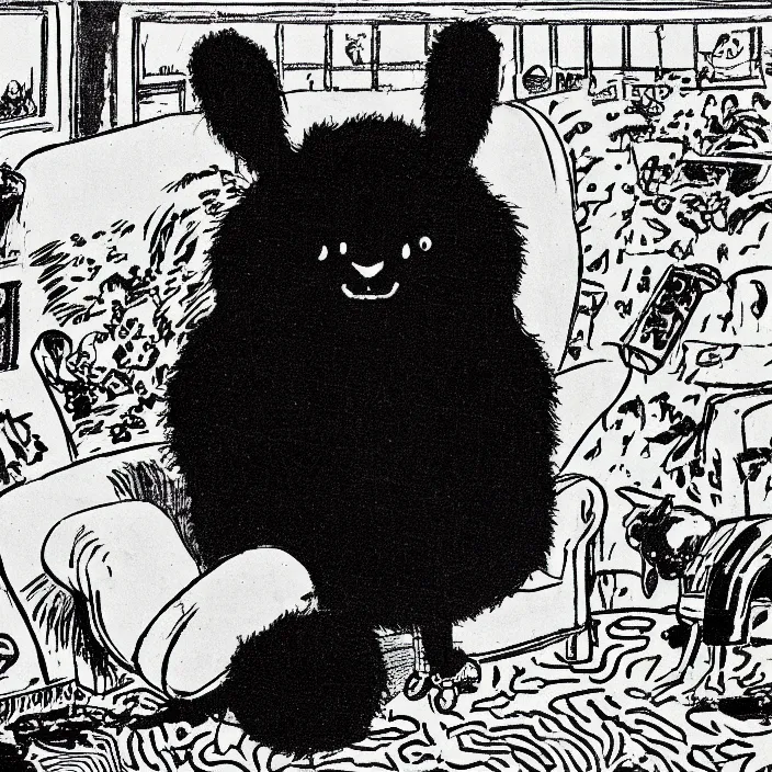 Image similar to a still frame from comic strip, black fluffy hairy furry rabbit on a clean background 1 9 5 0, herluf bidstrup, new yorker illustration, monochrome contrast bw, lineart, manga, tadanori yokoo, simplified,