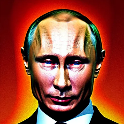 Image similar to portrait of vladimir putin in the image of the devil, with detailed goat horns, red skin and a frightened face his legs are like those of a goat