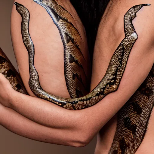 Image similar to girl, full body, photography, 4k, highly detailed, woman shedding skin like a snake stylised