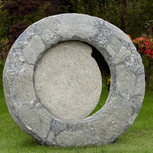 Image similar to 4k HDR circular stone portal | opens to space surrounded by realistic flowers