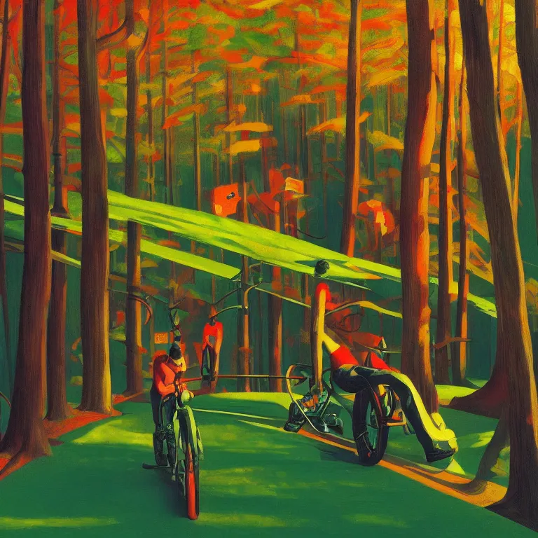 Image similar to riding neon bycicles in the woods, painted by Edward Hopper, painted by James Gilleard, airbrush