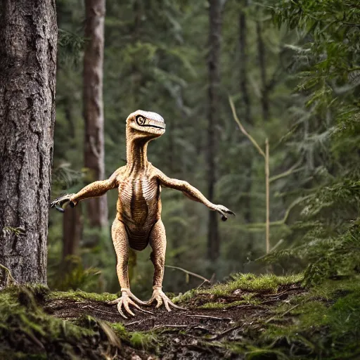 Image similar to velociraptor in forest, national geographic, prehistoric planet, XF IQ4, f/1.4, ISO 200, 1/160s, 8K, RAW, unedited, symmetrical balance, in-frame