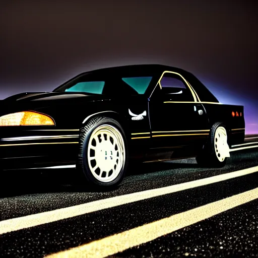 Prompt: a black 1990 Ford thunderbird sc at illegal car meet, Chiba prefecture, city midnight mist lights, cinematic color, photorealistic, highly detailed wheels, 50MM