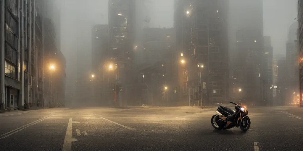 Image similar to parked Hayabusa on deserted city street, fog, rain, volumetric lighting, beautiful, golden hour, sharp focus, ultra detailed, cgsociety