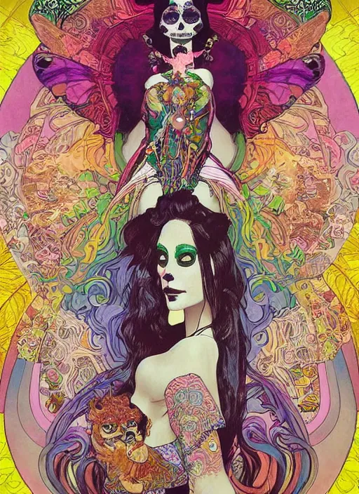 Image similar to psychedelic poster art of a cute punk goth fashion fractal Día de los Muertos tattooed girl holding a sphynx by Victor Moscoso Rick Griffin Alphonse Mucha Gustav Klimt Ayami Kojima Amano Charlie Bowater, masterpiece