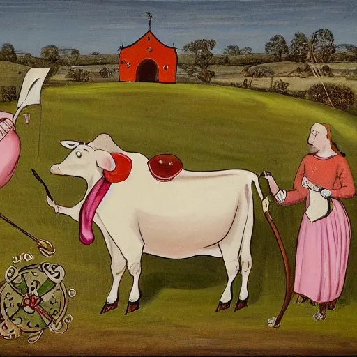 Image similar to painting of a big fat cow with a long curved neck. it's neck has a bell attached with a pink ribbon. it's fore udder lay on the ground as the cow is in sit position. the cow is playing violin with it's front legs. the scene is in a medieval styled field with three peasants spitting on the cow's face.