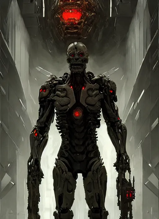 Image similar to willem dafoe as victor stone, full body concept, cyborg, borg, strogg, face of a man, terminator, flesh, quake strogg, doom demon, wolfenstein, monstrous, powerful, symmetry, symmetrical, concept art by ruan jia and greg rutkowski