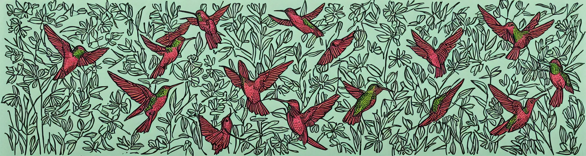 Prompt: a linocut of Hummingbirds and wildflowers