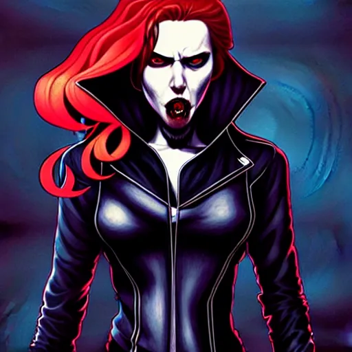 Image similar to rafael albuquerque comic art, peter mohrbacher, steve niles, artgerm, pretty scarlett johansson vampire sharp vampire teeth open mouth, symmetrical eyes, black leather jacket, jeans, long blonde hair