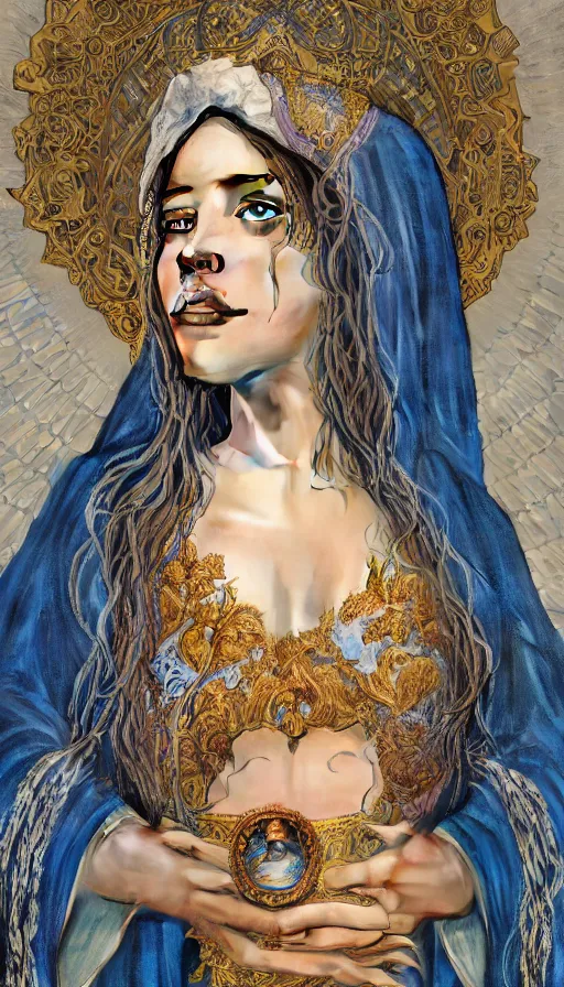 Prompt: la llorona as a sorceress, passionate, seductive, sweaty, intricate dressed in ornate blue robes and staff, lovely, intricate, highly detailed, digital painting, artstation, concept art, karma sutra, smooth, sharp focus, illustration, unreal engine 5, 8 k, art by artgerm and greg rutkowski and alphonse mucha