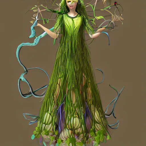 Image similar to cell shaded humanoid onion goddess, flower vine dress, crown, artstation, 4 k